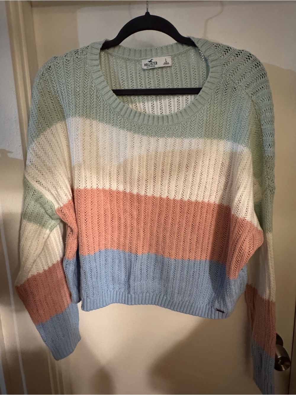 Hollister Pastel Block Stripe Crewneck Sweater - Mint, White, Peach, Light Blue
